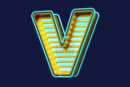 Photo for Futuristic letter V in metallic gold with luminous blue strips. 3D alphabet collection. High quality 3D rendering - Royalty Free Image