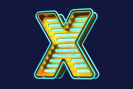 Photo for 3D colorful modern retro neon font. Letter sign X in metallic gold with blue light strips. High quality 3D rendering - Royalty Free Image