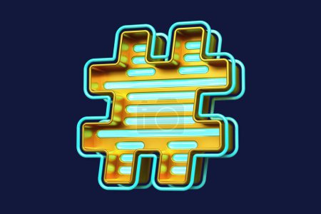 Foto de Estilo de juego hashtag 3D símbolo en oro metálico con líneas azules brillantes. Renderizado 3D de alta calidad - Imagen libre de derechos