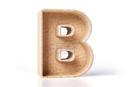 Téléchargez les photos : Boite vide en bois en forme de lettre B. Idéal pour les produits de promotion d'affichage. Fait de planches de bois de pin naturel. rendu 3D haute définition. - en image libre de droit