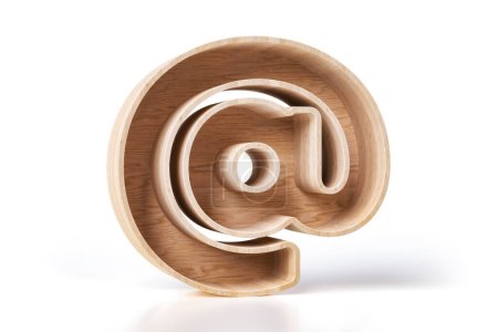 Téléchargez les photos : Bois 3D At Sign fait de planches de contreplaqué de pin naturel. Concept scandinave de mobilier design. rendu 3D de haute qualité. - en image libre de droit