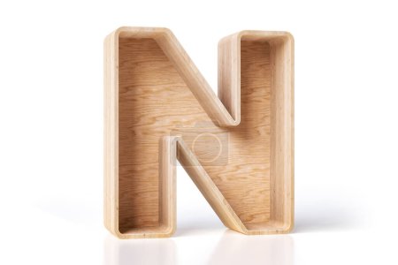 Téléchargez les photos : Jolie boîte vide en bois de pin en forme de lettre N, idéale pour exposer des produits de détail ou décorer un espace intérieur. rendu 3D de haute qualité. - en image libre de droit