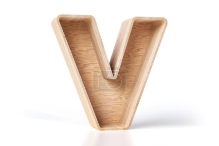 Photo for 3D wood hollow letter V made of pine plywood planks. Shelving design style nice to display books, decorative items or products for sale. High quality 3D rendering. - Royalty Free Image