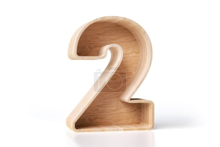 Foto de Forma del número 2 hecha de madera de estilo escandinavo sobre fondo blanco. Renderizado 3D de alta calidad. - Imagen libre de derechos
