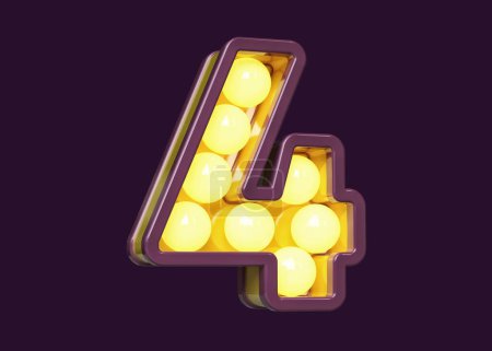 Foto de Signo de bombilla moderna vintage número 4 en púrpura con luz amarilla cálida. Renderizado 3D de alta calidad. - Imagen libre de derechos