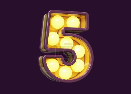 Téléchargez les photos : Ampoule marquise typographie chiffre numéro 5 en violet avec lumière jaune chaud. rendu 3D de haute qualité. - en image libre de droit