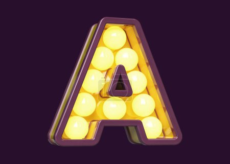 Foto de Alfabeto de la carpa bombilla en violeta con luz amarilla. Tipografía Carta 3D A. Renderizado 3D de alta calidad. - Imagen libre de derechos