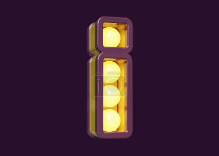 Foto de Señal luminosa de bombilla en forma de signo de exclamación en púrpura y amarillo. Renderizado 3D de alta calidad. - Imagen libre de derechos