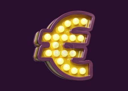 Foto de Caja de bombillas en forma de símbolo Euro en violeta y amarillo. Renderizado 3D de alta calidad. - Imagen libre de derechos
