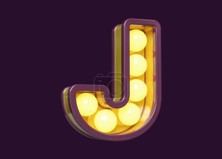 Photo for Light bulb marquee font in yellow and purple. Typography 3D letter J. High quality 3D rendering. - Royalty Free Image
