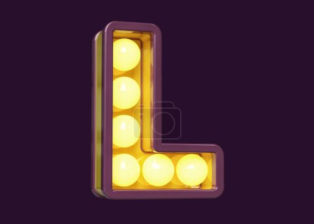Téléchargez les photos : Ampoule lettres chapiteau en violet avec lumière jaune. Police 3D caractère L. rendu 3D de haute qualité. - en image libre de droit