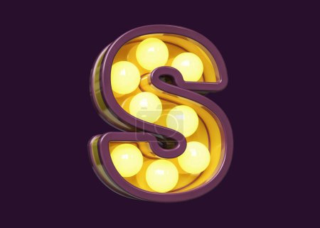 Photo for Vintage font 3D letter S in violet with yellow light. Decorative light bulb marquee lettering. High quality 3D rendering. - Royalty Free Image