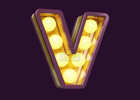 Téléchargez les photos : Alphabet du chapiteau de l'ampoule en violet et jaune. Lettre 3D V. Rendu 3D de haute qualité. - en image libre de droit