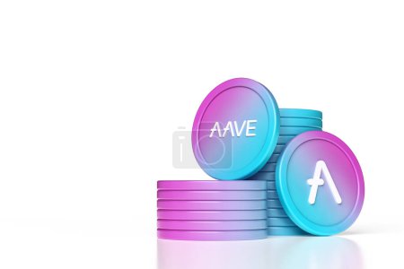 Foto de Conjunto de pilas de monedas Aave y fichas que muestran el logotipo y el ticker. Diseño ilustrativo adecuado para conceptos criptomoneda y altcoin. Renderizado 3D de alta calidad. - Imagen libre de derechos