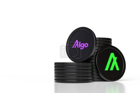 Foto de Conjunto de pilas de monedas y fichas de Algorand que muestran el logotipo y el ticker. Diseño ilustrativo adecuado para conceptos criptomoneda y altcoin. Renderizado 3D de alta calidad. - Imagen libre de derechos