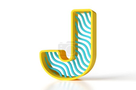Foto de Letra 3D J diseñada con contorno amarillo y patrón de ondas azuladas. Juguete divertido nuevo estilo de tendencia letras. Visualización 3D de alta resolución. - Imagen libre de derechos
