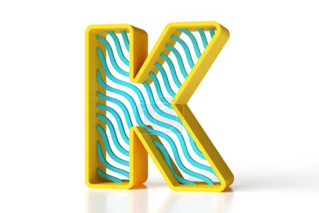 Photo for Letter K uppercase yellow and blue matte painted with a pattern made of wave lines. Hi-res and realistic plastic lettering render great for headers, posters, advertisements or web projects. 3D rendering. - Royalty Free Image