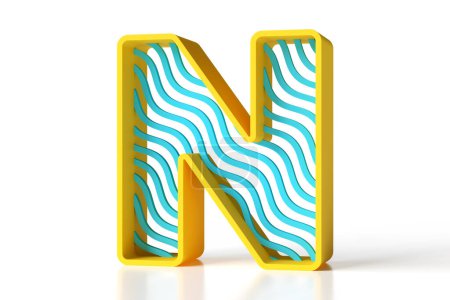 Photo for 3D geometric letter N made of yellow and blue matte painted plastic with wavy shapes. High definition 3D rendering. - Royalty Free Image