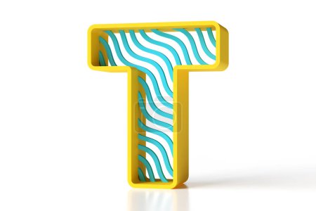 Téléchargez les photos : Lettre 3D T conçue avec contour jaune et motif ondulé bleuâtre. Lettrage drôle de style jouet. rendu 3D haute résolution. - en image libre de droit