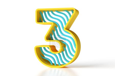 Photo for Funny toy style lettering. 3D Number 3 designed with yellow outline and bluish waves pattern. High resolution 3D rendering. - Royalty Free Image
