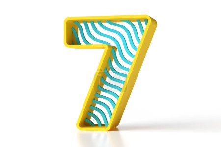 Téléchargez les photos : 3D géométrique numéro 7 en plastique peint mat jaune et bleu avec des formes ondulées. rendu 3D haute définition. - en image libre de droit