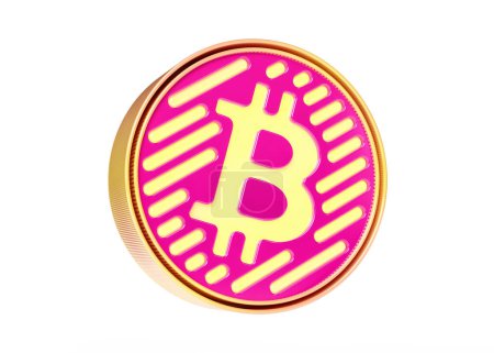 Foto de Icono de Bitcoin 3D en combinación de colores amarillo dorado y rosa y estilo neón. Recurso gráfico adecuado para encabezados, anuncios o proyectos web en un concepto de criptomoneda. Representación 3D de alta definición. - Imagen libre de derechos