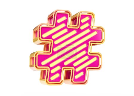 Téléchargez les photos : Hashtag symbole 3D composé de néons roses et jaunes. Font rayures fluo accrocheur adapté pour les en-têtes, affiches, annonces ou projets web. rendu 3D de haute qualité. - en image libre de droit