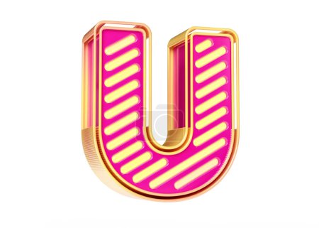 Photo for Neon stripes alphabet letter U in golden yellow and pink colors. Illustration suitable for headers, flyers, ads or web projects. High quality 3D rendering. - Royalty Free Image