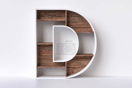 Photo for Wood alphabet letter D made of white plywood planks and bark textured shelves, decorative carpentry and furnishing concepts. High definition 3D rendering. - Royalty Free Image