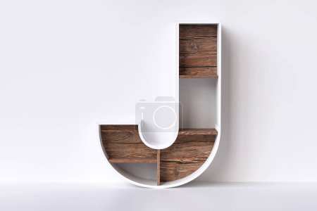 Foto de Letra de madera en forma de estante J, agradable para decorar un interior o exhibir objetos decorativos. Alta representación 3D detallada. - Imagen libre de derechos