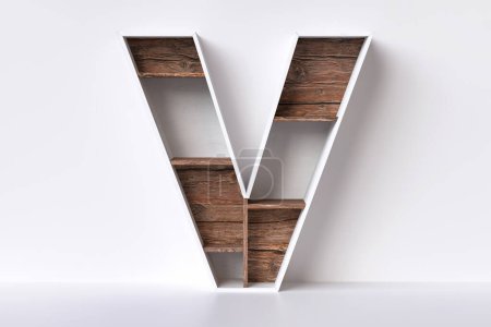 Téléchargez les photos : Stockez des étagères en bois brut en forme de lettre V. Agréable pour afficher des produits ou des objets respectueux de l'environnement. rendu 3D de haute qualité. - en image libre de droit