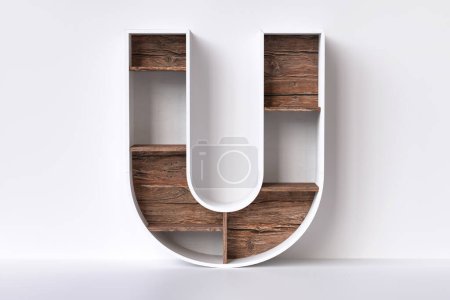 Téléchargez les photos : Lettre U style de police d'étagère en bois. Sympa pour un concept de design d'intérieur. rendu 3D détaillé élevé. - en image libre de droit