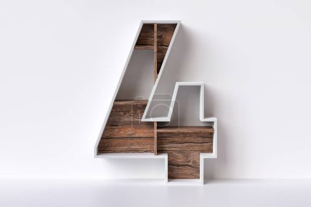 Téléchargez les photos : Fonte bois numéro 4 style mobilier. Numéros de rendu 3D sont agréables pour un concept de design d'intérieur. - en image libre de droit