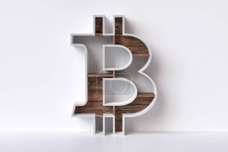 Photo for Bitcoin symbol in the shape of a furniture made of white maple veneer and brown raw wood planks. High detailed 3D rendering. - Royalty Free Image