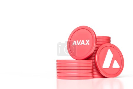 Conjunto de pilas y fichas de monedas Avalanche Avax que muestran el logotipo y el ticker. Diseño ilustrativo adecuado para conceptos criptomoneda y altcoin. Renderizado 3D de alta calidad