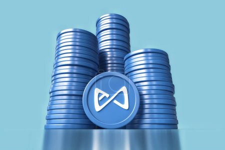 Photo for Lots of AXS Axie Infinite coins seen from a low perspective on a blue background. Suitable for gaming investment concepts. High quality 3D rendering. - Royalty Free Image