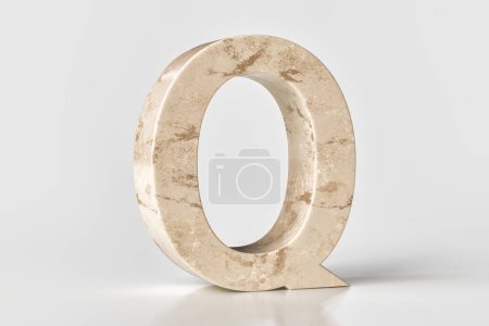 Téléchargez les photos : Lettre alphabet 3D fraîche et impeccable Q en pierre de marbre beige sereine. Rendement 3D de haute qualité. - en image libre de droit
