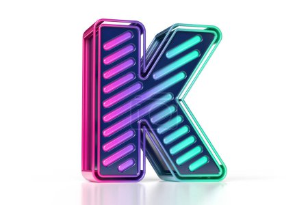 Foto de Impresionante letras de neón de colores. Letra 3D luminosa K en degradado púrpura a verde. Renderizado 3D de alta calidad. - Imagen libre de derechos