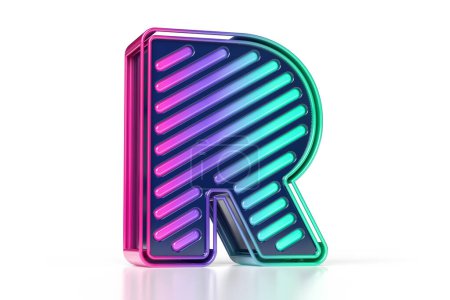 Foto de Alfabeto 3D del juego. Letra de estilo futurista brillante R en degradado rosa a verde sobre fondo blanco. Renderizado 3D de alta calidad. - Imagen libre de derechos