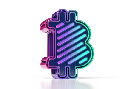 Foto de Impresionante logotipo de Bitcoin 3D en neones de degradado de púrpura a verde. Renderizado 3D de alta calidad. - Imagen libre de derechos