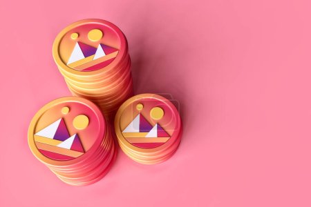 Photo for Stacked Decentraland Mana token coins from top view. Suitable for a digital cryptocurrency and metaverse system concept. High quality 3D rendering. - Royalty Free Image