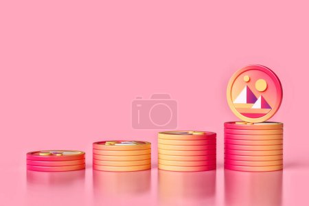 Photo for Stacks of Decentraland Mana metaverse tokens sorted from smallest to largest. Illustration suitable for advertisements and news in a cryptocurrency concept theme. High definition 3D rendering. - Royalty Free Image