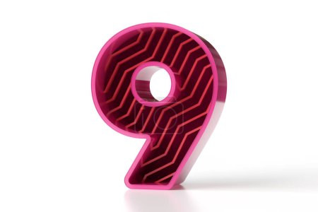 Foto de 3D moderna fuente rosa y rojo. Número 9 estilo futurista diseñado con contornos extruidos y patrón de líneas en zigzag. Renderizado 3D de alta calidad. - Imagen libre de derechos