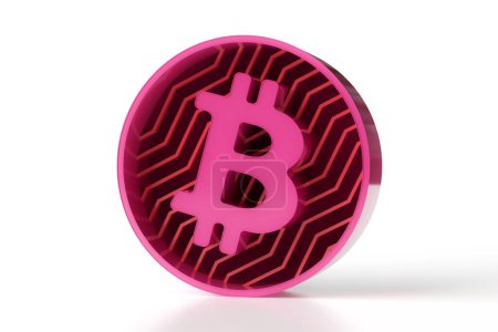 Téléchargez les photos : Icône Bitcoin métallique 3D en couleur rose et rouge. Design 3D tendance pour des projets graphiques imprimés ou web. rendu 3D de haute qualité. - en image libre de droit