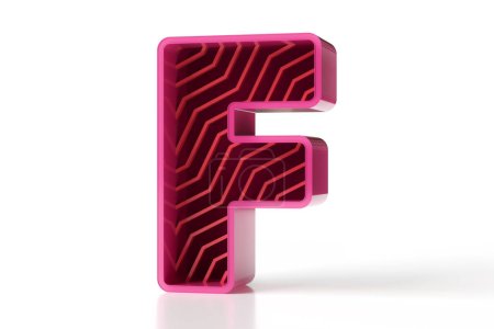 Foto de Letra F estilo de geometría futurista diseñado con contornos extruidos y patrón de líneas en zigzag. 3D moderna fuente rosa y rojo. Renderizado 3D de alta calidad. - Imagen libre de derechos