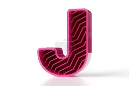 Foto de Letra metálica brillante 3D J con líneas decorativas en zigzag. Colección de tipografía de estilo científico y tecnológico. Visualización 3D de alta resolución. - Imagen libre de derechos