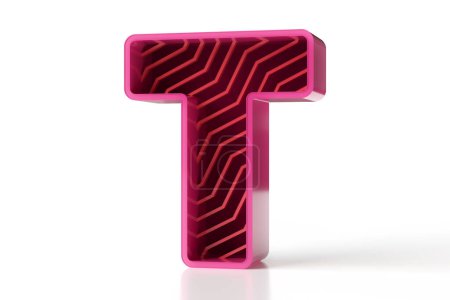 Téléchargez les photos : 3D lettre brillante T avec des lignes de motif décoratif zigzag. Collection de typographie de style techno. rendu 3D haute résolution. - en image libre de droit