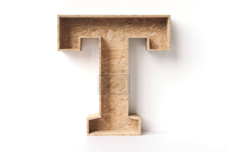 Foto de Caja vacía de madera en forma de letra T, ideal para mostrar productos minoristas o decorar un espacio interior. Fabricado en tablones de madera reciclada OSB. Ilustración de representación 3D. - Imagen libre de derechos