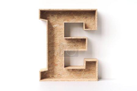 Foto de Letra del alfabeto de madera E en forma de muebles de madera contrachapada OSB natural. Alta representación 3D detallada. - Imagen libre de derechos