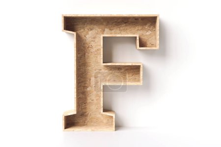 Photo for Wood empty box in the shape of letter F, ideal to display retail products or decorate an interior space. Made of OSB recycled timber planks. 3D rendering illustration. - Royalty Free Image